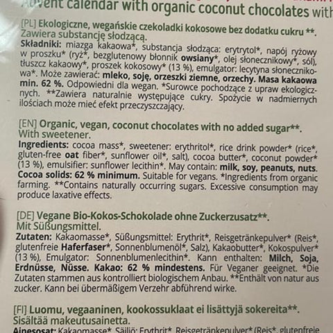 Calendario dell’avvento bio vegano ingredienti