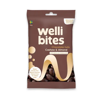 Dragees di noci, mandorle e anacardi ricoperte di cioccolato con prebiotici Welli Bites