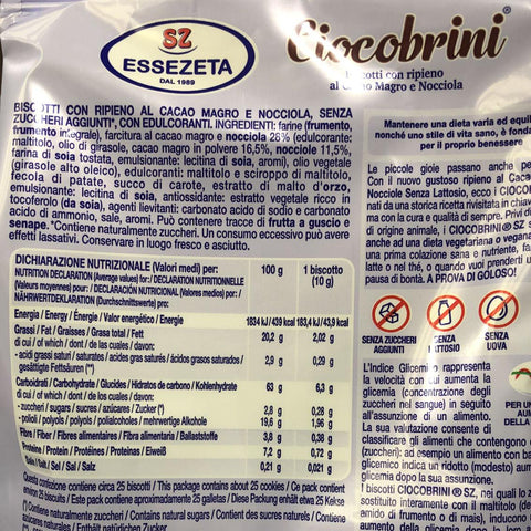 Ciocobrini Biscotti con ripieno di cacao e nocciola senza zuccheri aggiunti valori nutrizionali SZ