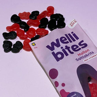 Caramelle gommose lampone e liquirizia salata con vitamina B6 vegan Welli Bites
