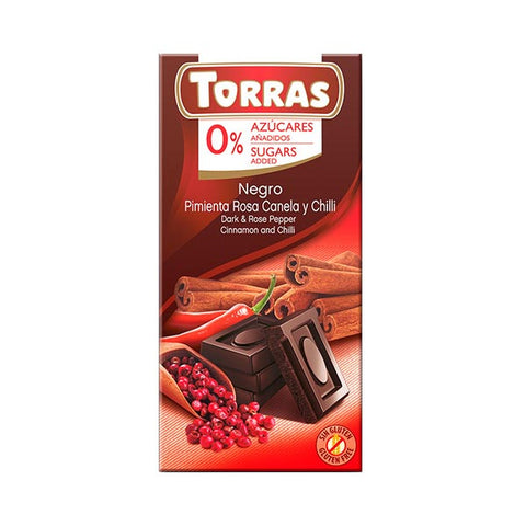 Cioccolato fondente pepe rosa cannella peperoncino senza zucchero aggiunto Torras