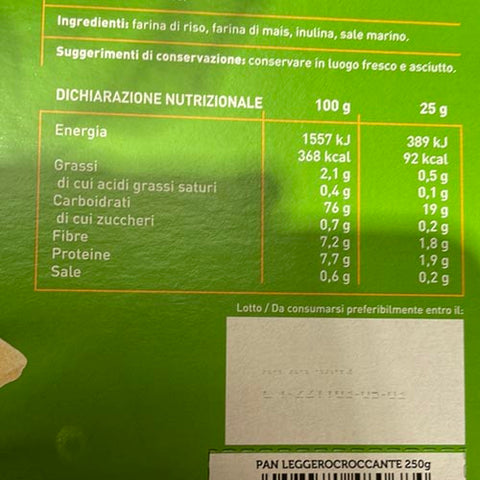 Giusto Equilibrio pan leggero croccante senza glutine valori nutrizionali